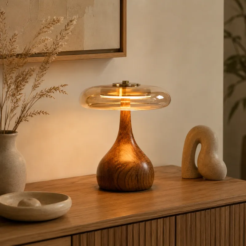 Lampe À Poser Vintage Design Bois et Verre