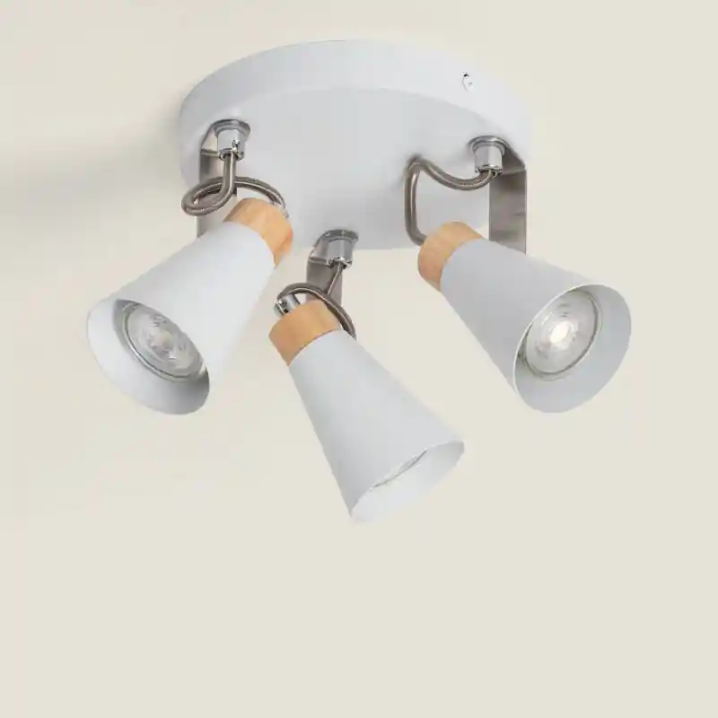 Plafonnier Rond Orientable Métal et Bois Mara 3 Spots