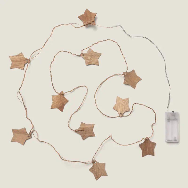 Guirlande Lumineuse LED Étoiles Bois avec Piles 2.2m
