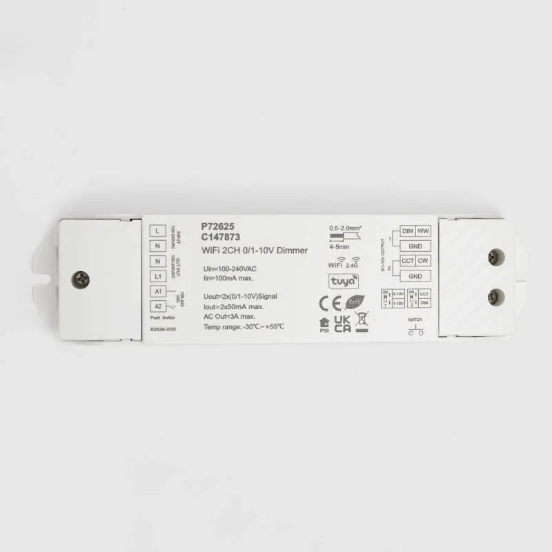 Contrôleur LED WIFI 0/1-10V 2 Canaux Monochrome/CCT SKYDANCE L2(WT) Compatible avec Bouton-poussoir et Télécommande RF