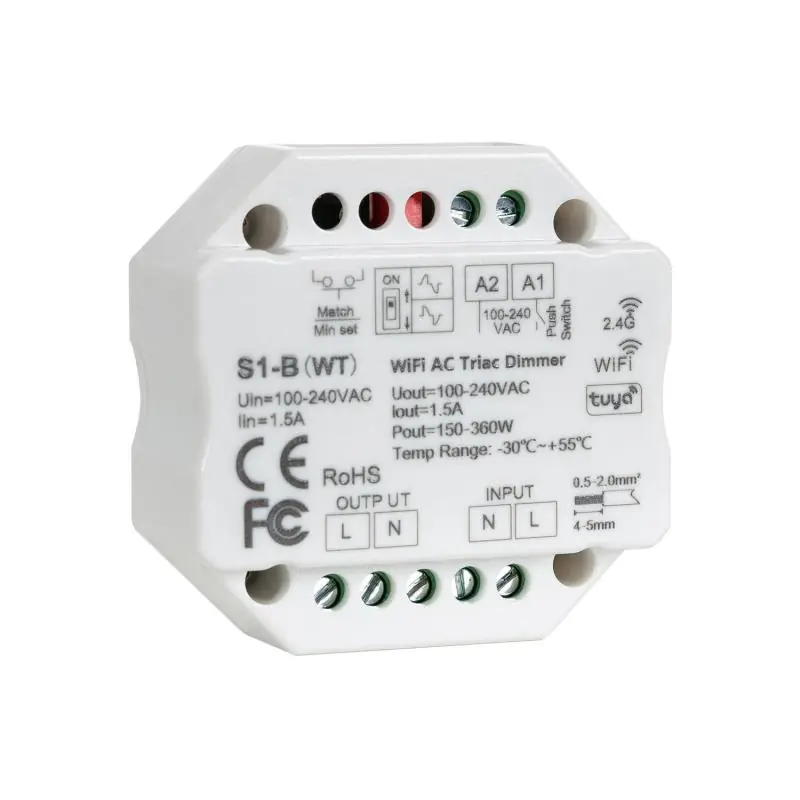 Contrôleur LED WIFI TRIAC Compatible avec Bouton-Poussoir et Télécommande RF SKYDANCE S1-B(WT)