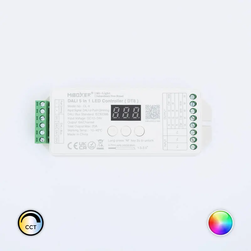 Controleur Variateur LED DL-X DALI 5 en 1 DT8 pour ruban Monochrome/CCT/RGB/RGBW/RGB+CCT 12/24V DC MiBoxer