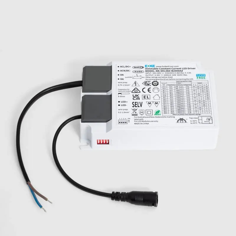 Driver BOKE Dimmable DALI/PUSH 200-240V No Flicker Sortie 6-30V 800-2000mA 60W BK-DEL060-B2000Ad