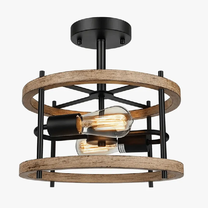 Plafonnier rétro semi-encastré 2 lumières bois vintage pour ferme industrielle - Édition Limitée