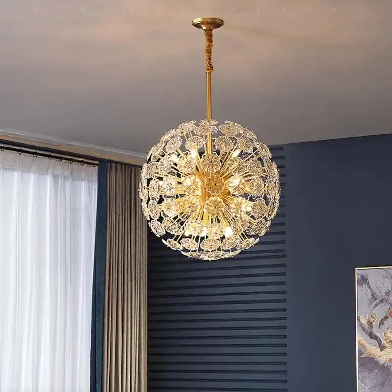Lustre Suspendu en Cuivre avec Cristaux de Pissenlit Rond - Collection Éclatante