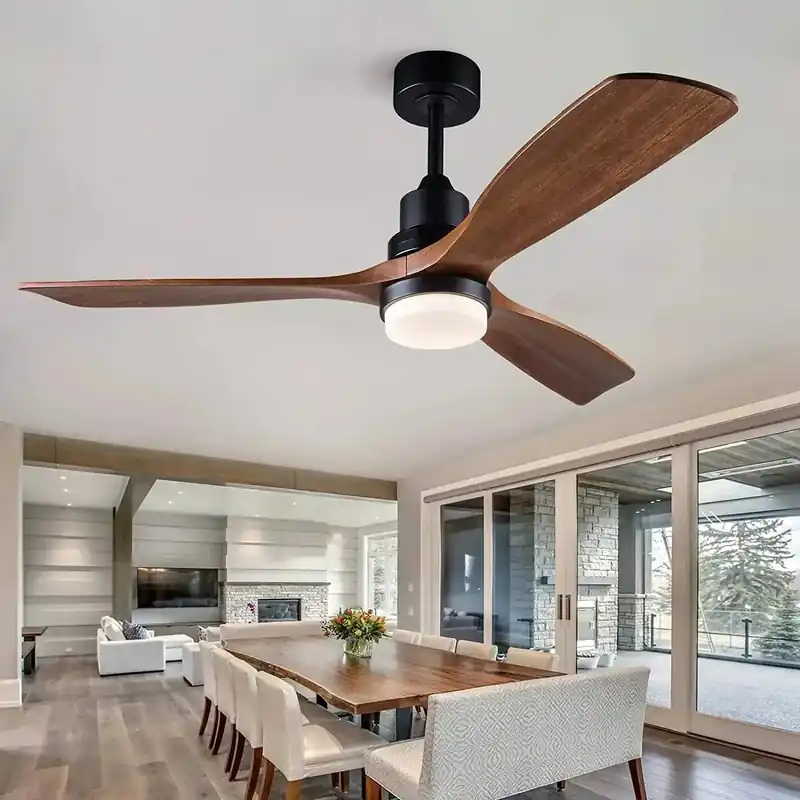 Ventilateur de plafond Bois Naturel avec 3 pales, Lumière intégrée et Télécommande