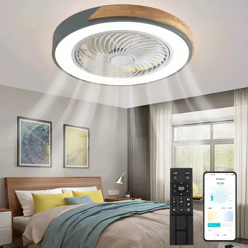 Plafonnier LED en bois design moderne avec ventilateur et télécommande