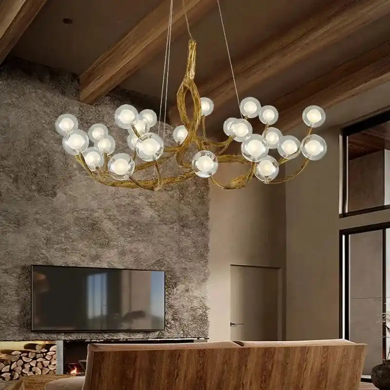 Lustre Nordique Rétro en Verre LED avec Branche d'Arbre - Édition Limitée