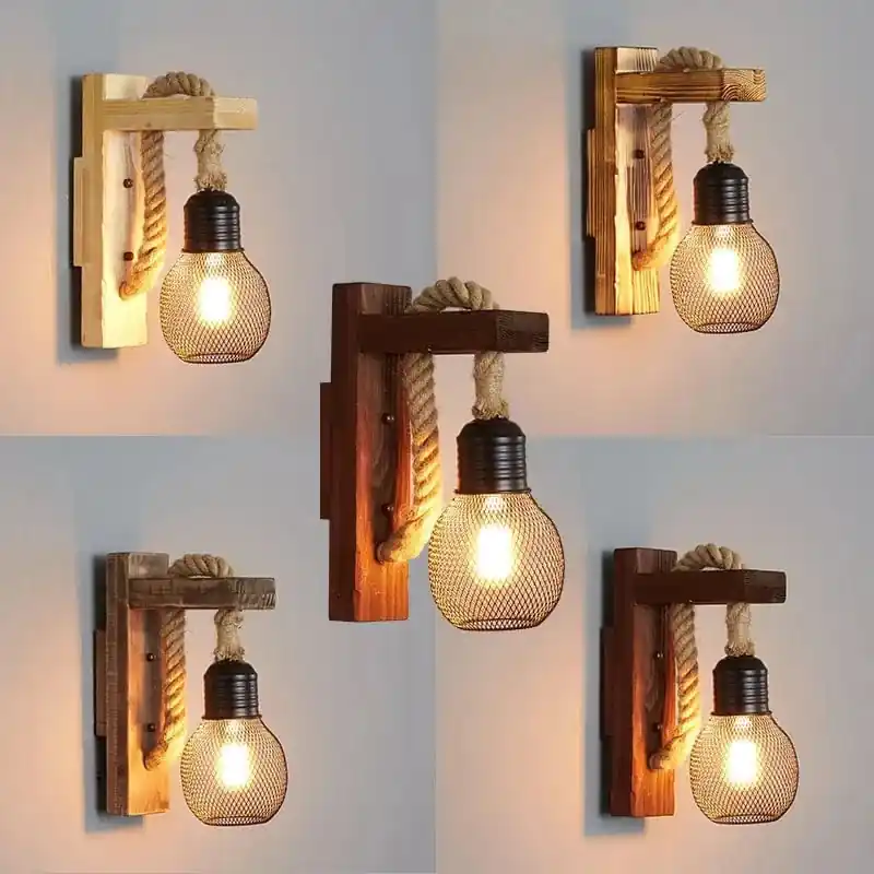 Applique murale industrielle vintage en bois avec corde de chanvre