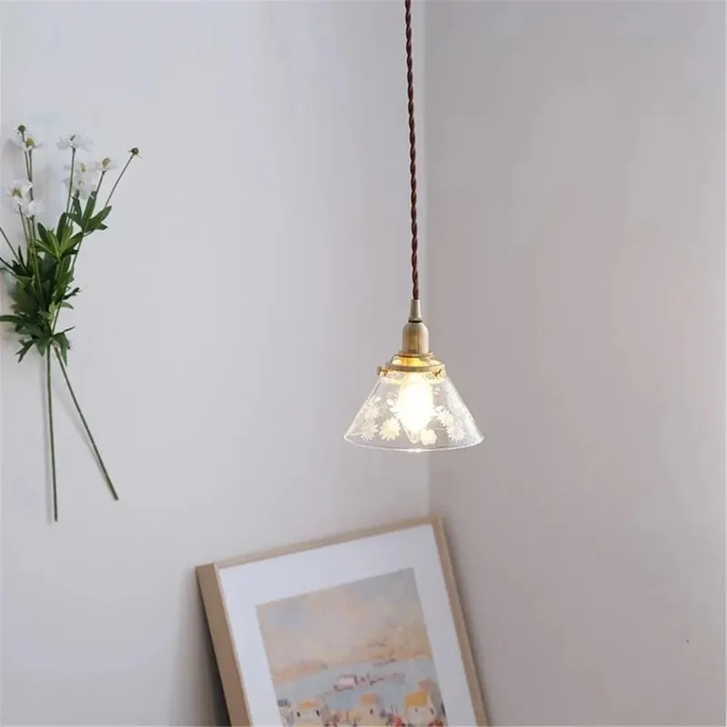 Suspension en verre style américain - Luminaire rétro en laiton