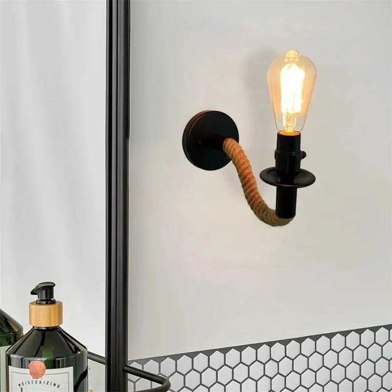Applique murale industrielle vintage en fer avec corde de chanvre - Style Industriel Vintage