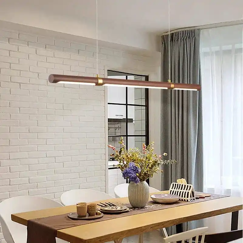 Lampe LED Suspendue Minimaliste Imitation Bois et Métal avec Hauteur Réglable