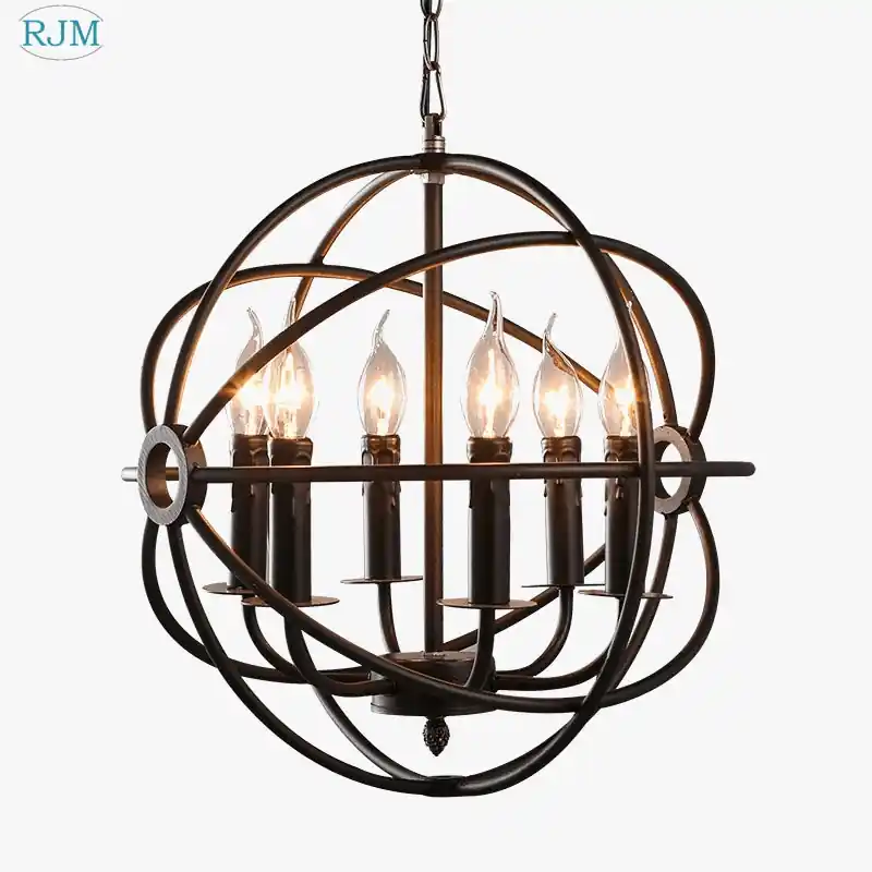 Lustre Vintage Américain à Cages Rondes pour un Éclairage Décoratif Industriel