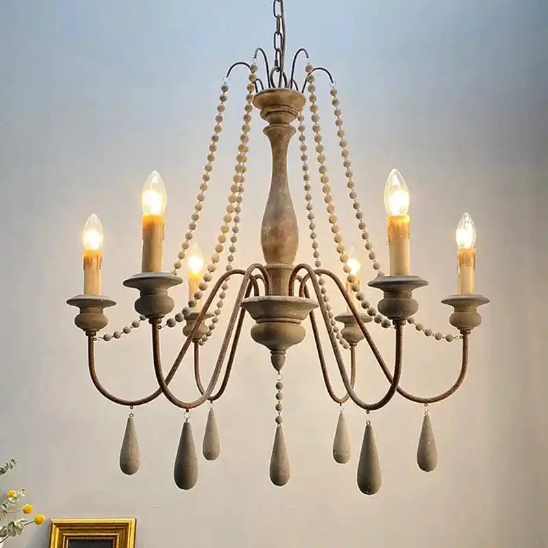 Lustre Vintage Rustique en Bois avec Perles pour un Éclairage Intérieur Élégant