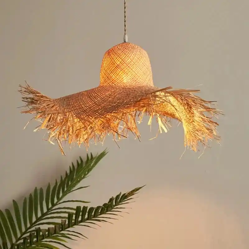 Suspension japonaise artisanale en forme de chapeau de paille vintage