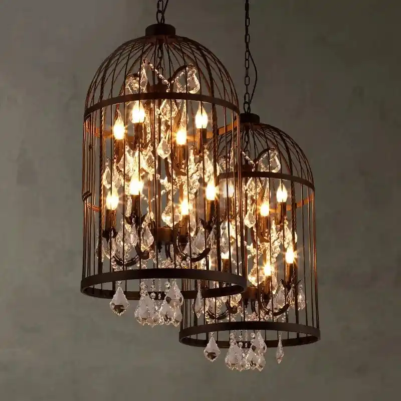 Lustre Vintage Américain en Fer Cage à Oiseaux avec Cristaux Rétro