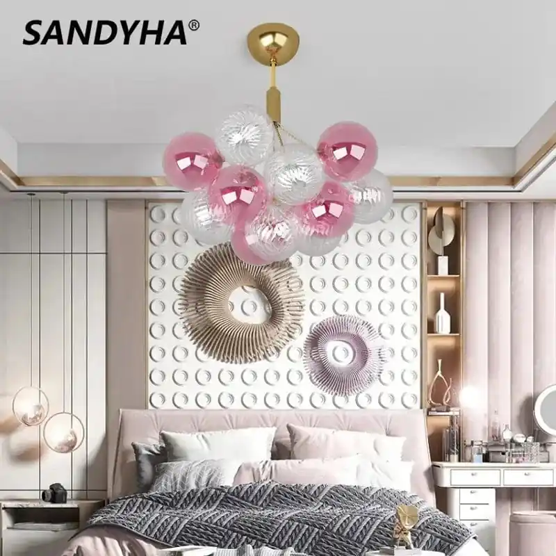 Lustre plafonnier design boule de verre multicolore luxe illuminant