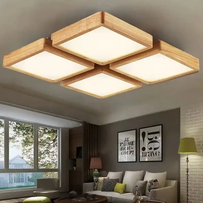 Plafonnier LED carré en bois naturel de style nordique
