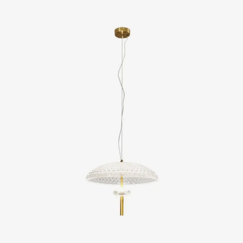 Suspension LED en verre avec abat-jour arrondi et finition dorée.