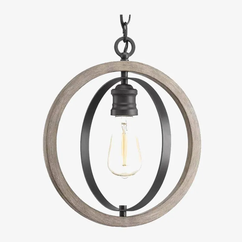 Suspension rétro LED en bois et métal noir