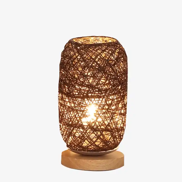 Lampe à poser LED en rotin avec socle bois & abat-jour rond