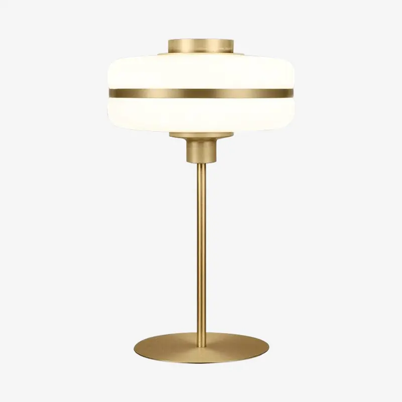 Lampe de chevet moderne LED à pied doré et forme arrondie.