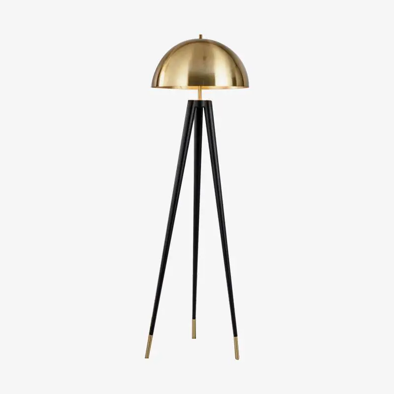 Lampadaire LED tripod noir et or de style design.