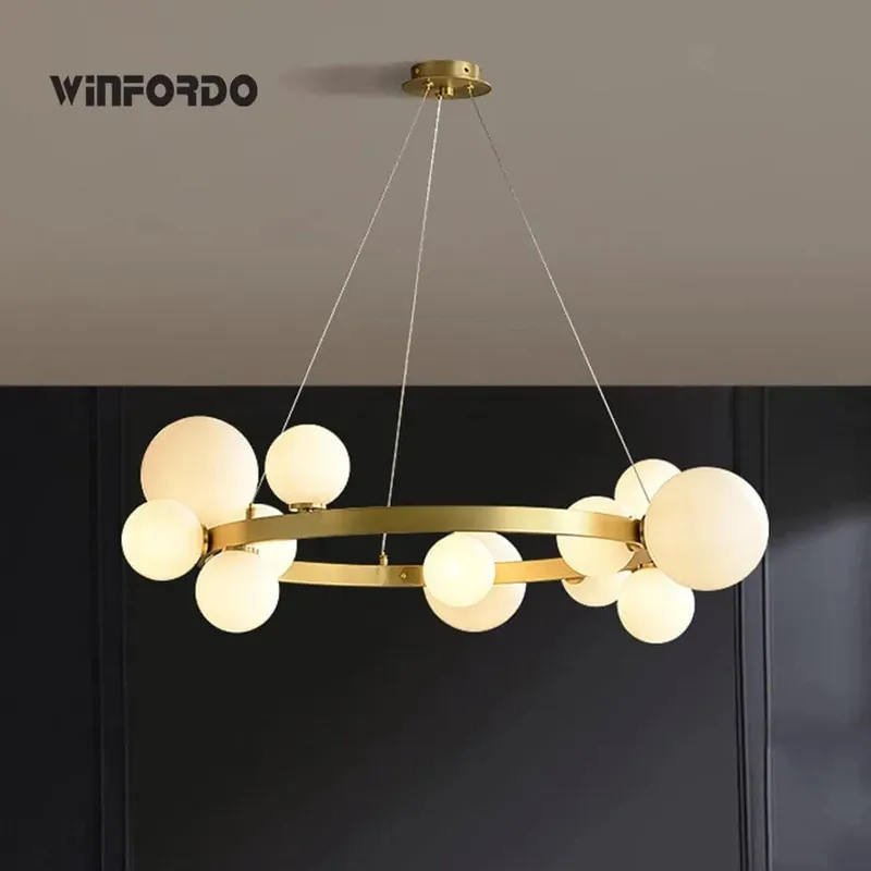 Lustre LED Doré avec Boules en Verre