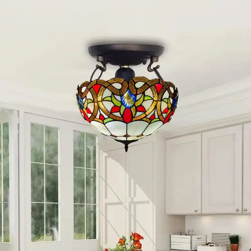 Daphne Tiffany Stijl Handgemaakte Glas-in-Lood Plafondlamp