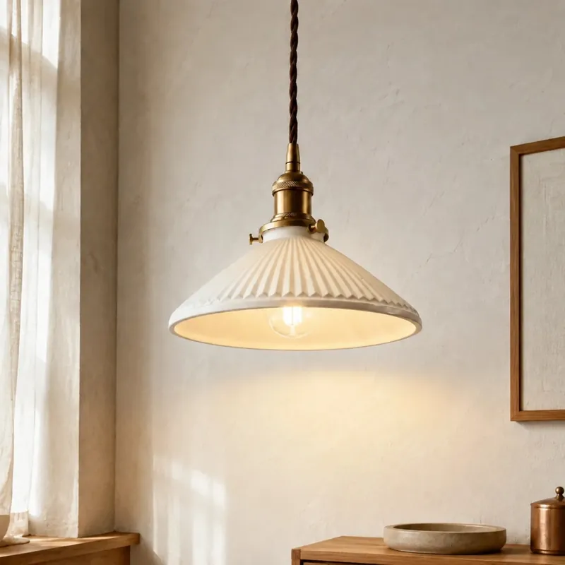 Lampada a sospensione in ceramica a forma di cappello plissettato di Ecate