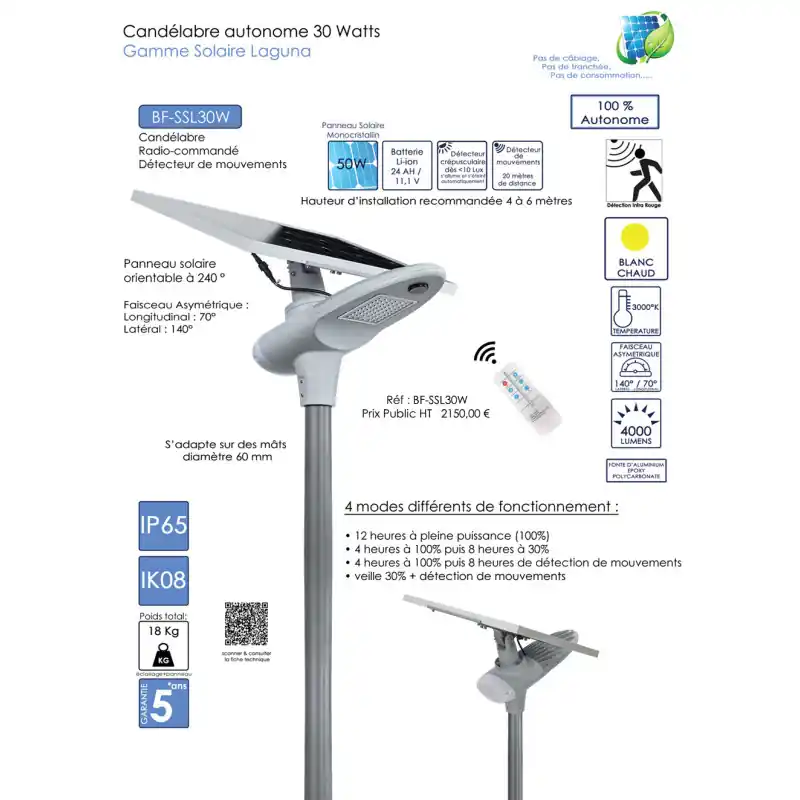 Lampadaire candélabre solaire 30w led 4000 lumens
