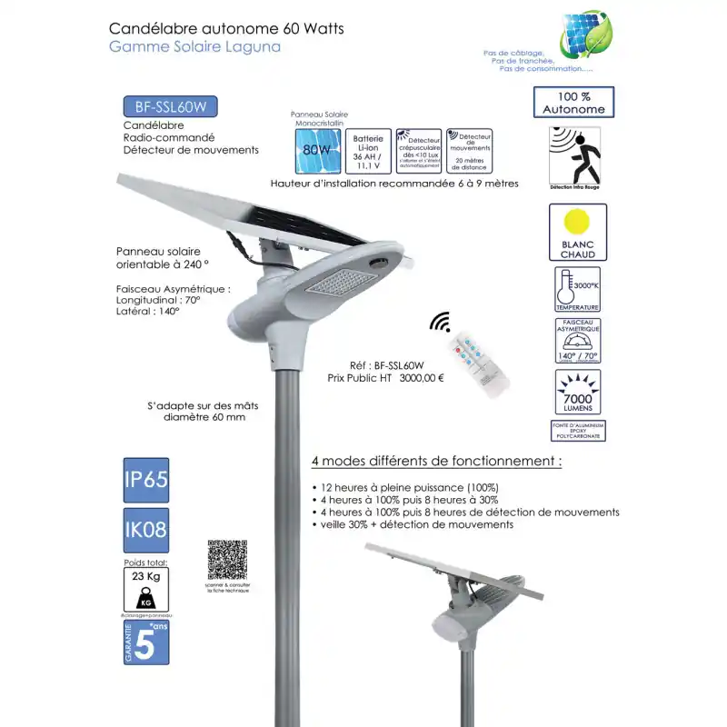 Lampadaire candélabre solaire 60w led 7000 lumens