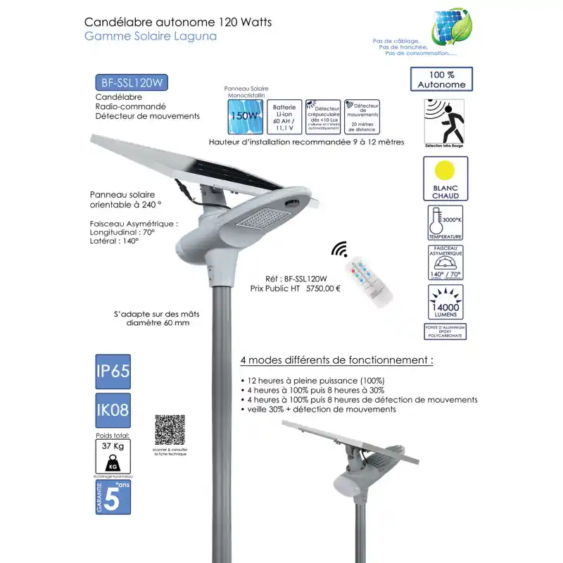 Lampadaire candélabre solaire 120w led 14000 lumens