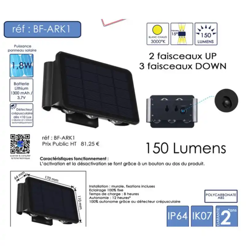 Applique balisage solaire 150 lumens détecteur crépusculaire