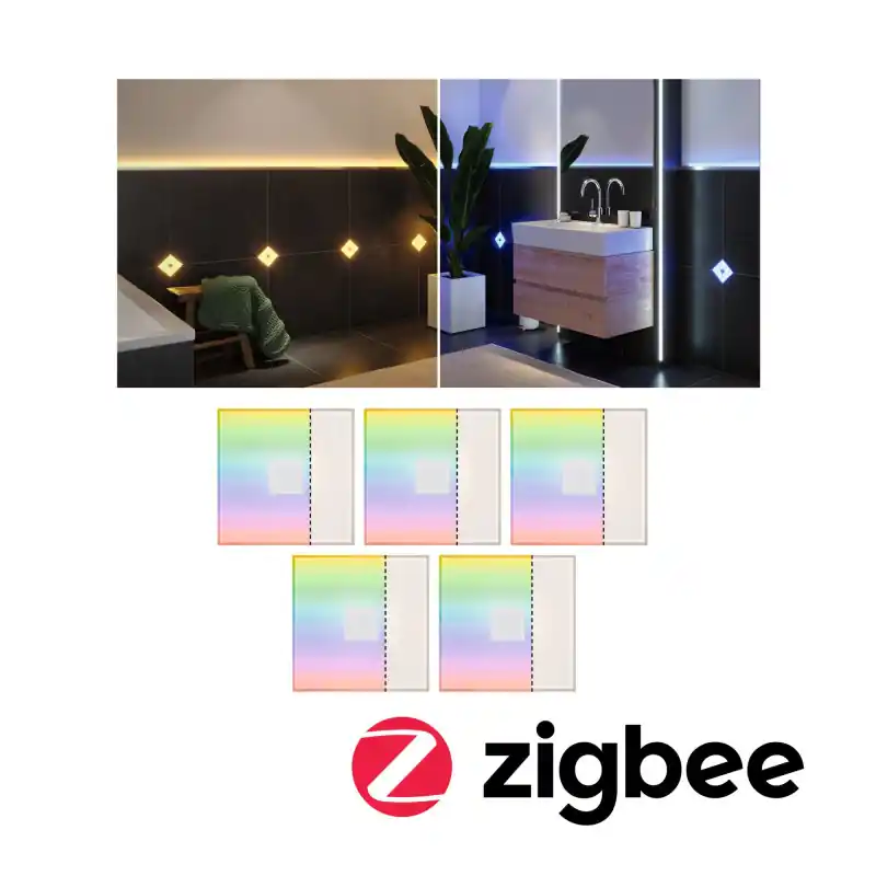 Square tuile Kit de 5 IP44 100x100mm 5x12lm 230/12V 5x0,8W gradable RGBW+ Blanc Matière plastique/Aluminium