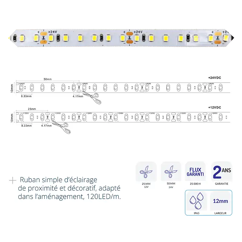 RUBAN Ruban 24V 10W/m 850lm/m 4000K IP65