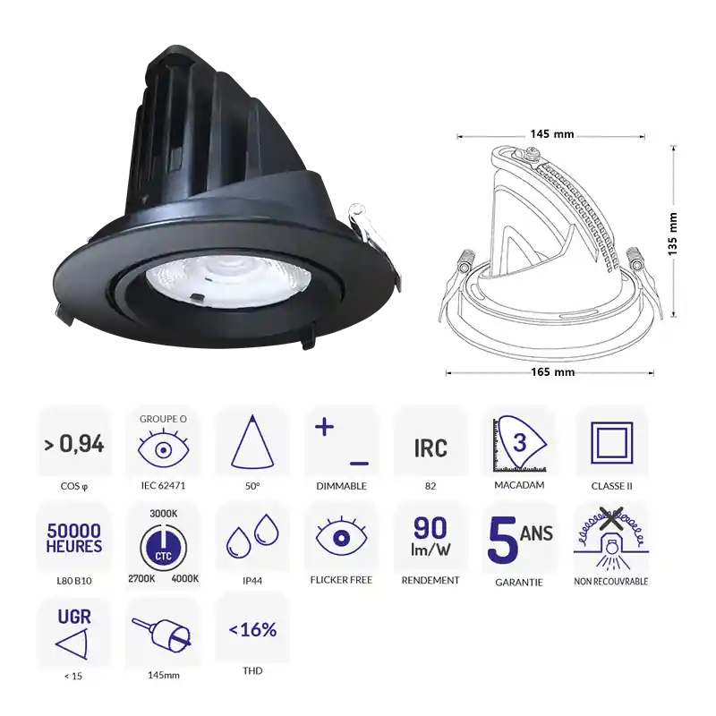 DOWNLIGHT SAMBA 38W pivotant et orientable noir CTC ZIGBEE 3000/4000/5700K