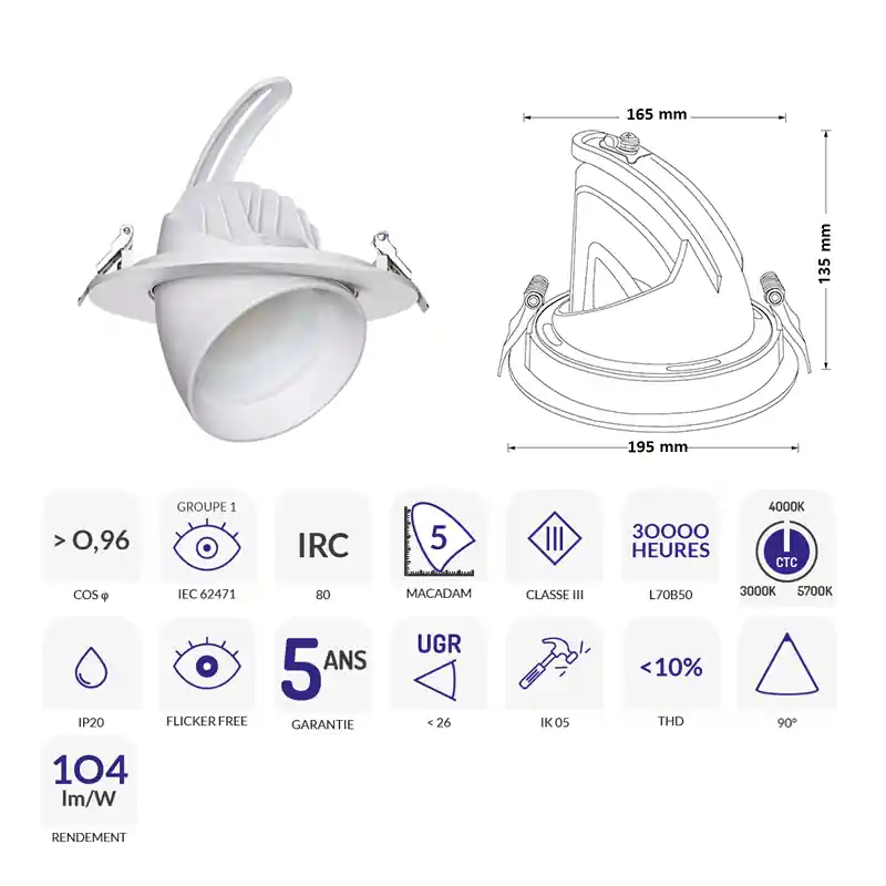 DOWNLIGHT SAMBA 38W pivotant et orientable blanc CTC ZIGBEE 3000/4000/5700K