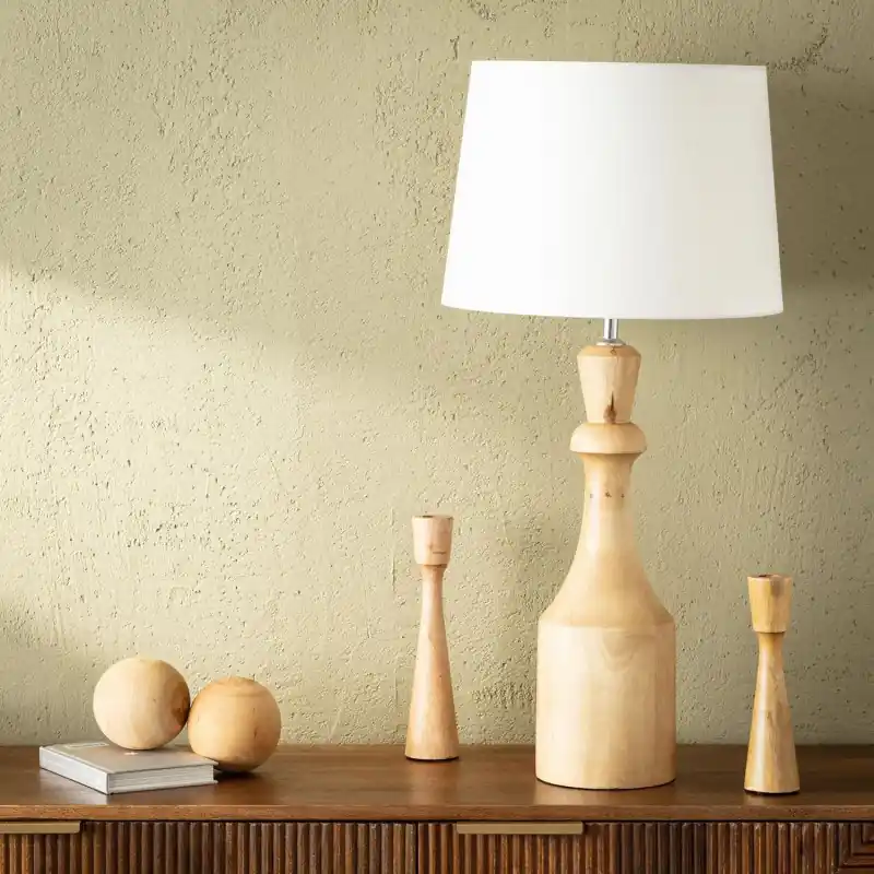 Lampe a poser bois et abat jour tissu blanc