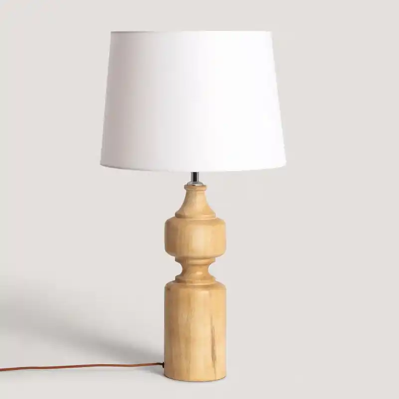 Lampe a poser bois et abat jour tissu blanc