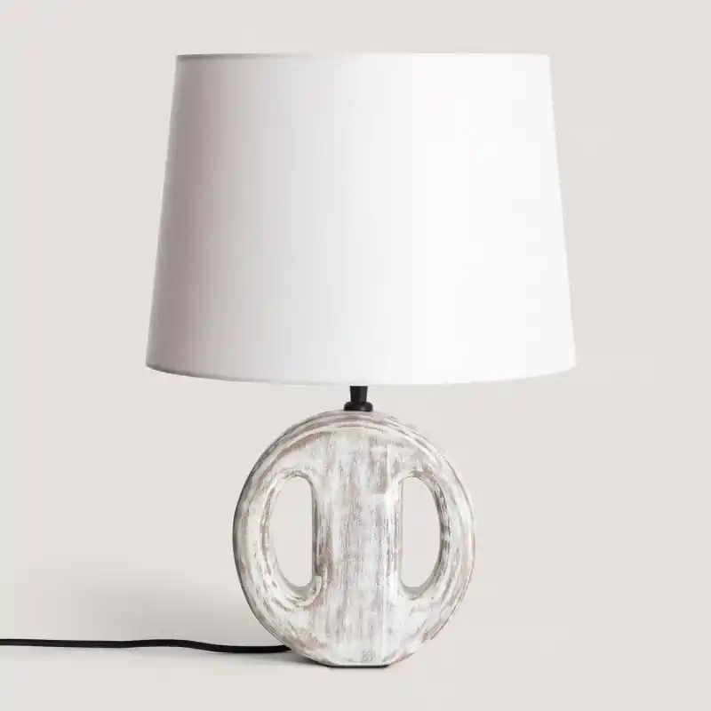 Lampe a poser bois et abat jour tissu blanc