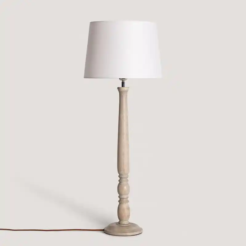 Lampe a poser 95cm bois et abat jour tissu blanc