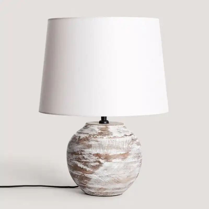 Lampe a poser bois et abat jour tissu blanc