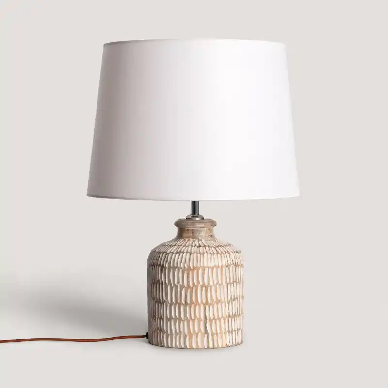 Lampe a poser bois et abat jour tissu blanc