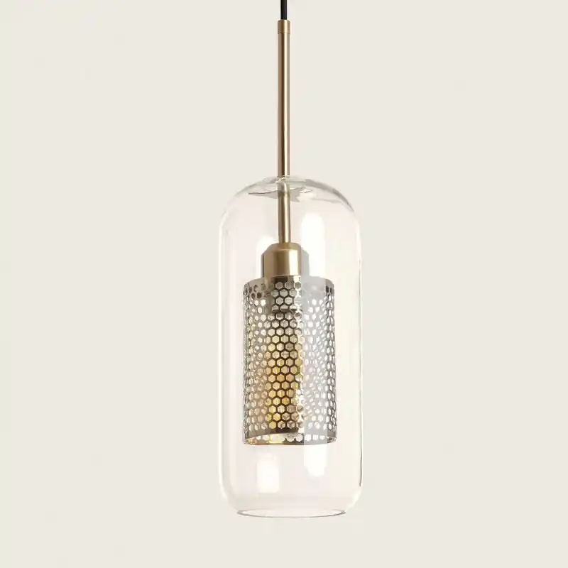 Suspension cage métal doré et verre culot e27