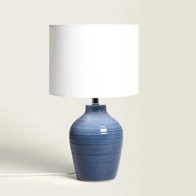 Lampe à poser céramique bleu et abat-jour blanc culot e27