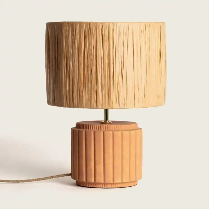 Lampe a poser céramique et abat jour rafia