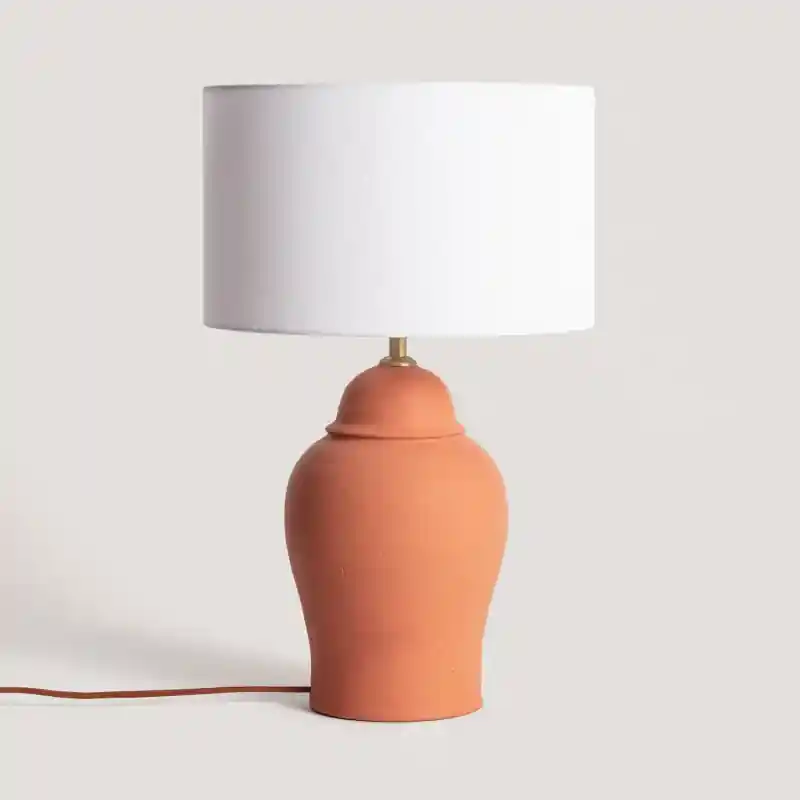 Lampe a poser terre cuite et fonte et abat jour tissu blanc