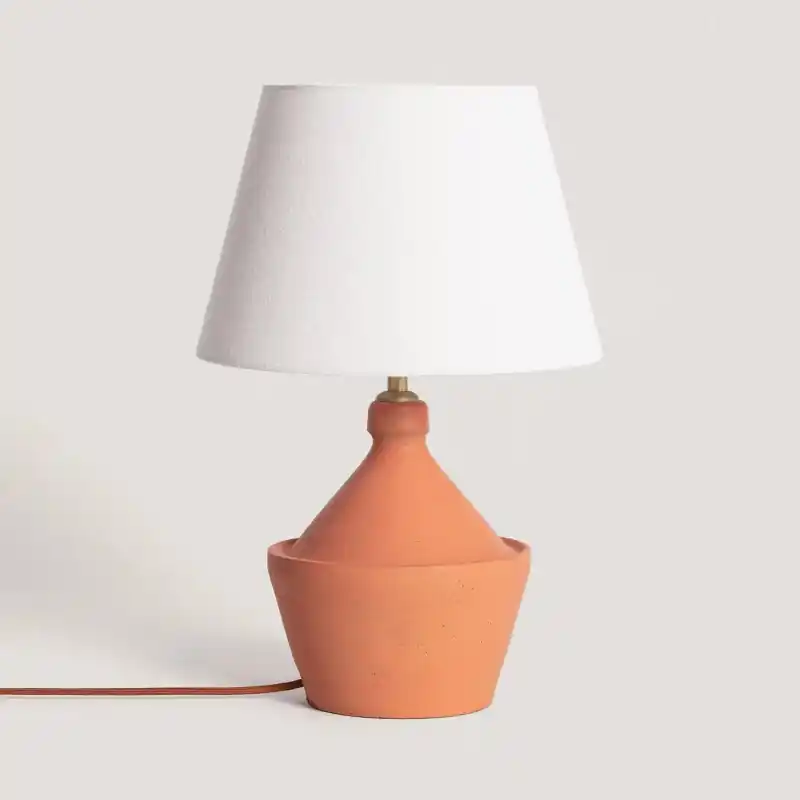 Lampe a poser terre cuite et fonte et abat jour tissu blanc