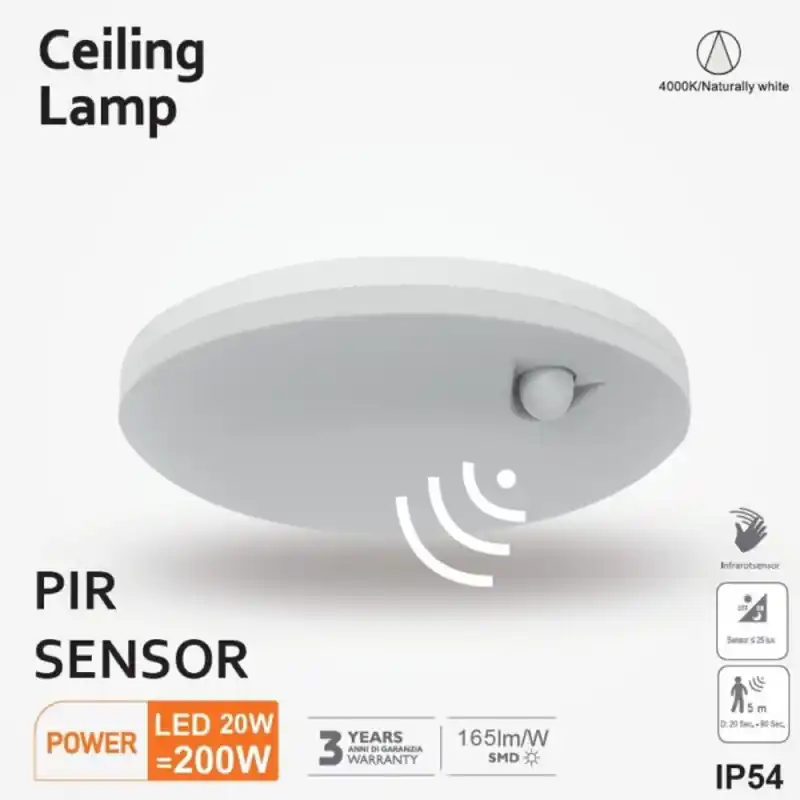 Plafonnier led 24w détecteur de mouvement pir 4000k ip54